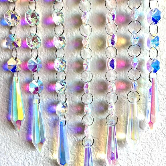 23" 7 Dangling Strands AB Crystal Prisms Suncatcher Curtain Sun Hangng New - Picture 2 of 6